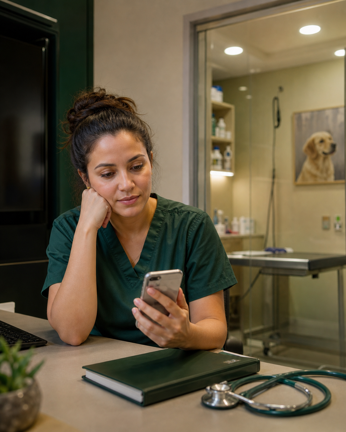 Veterinária em fim de expediente olhando o celular em uma clínica